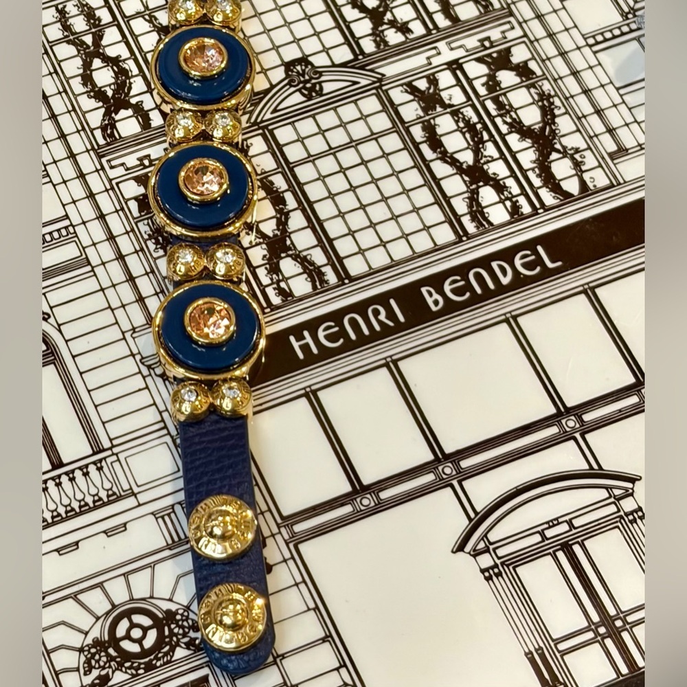 NEW FULL INCLUSION HENRI BENDEL BLUE/GOLD LEATHER BRACELET w/SWAROVSKI CRYSTALS - Picture 6 of 12